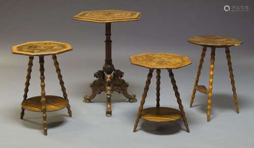 A Jerusalem olive wood tripod occasional table, late 19th century, the parquetry-inlaid hexagonal