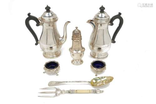 A silver coffee pot and a silver hot water pot, both London, c.1937, Josiah Williams & Co., together