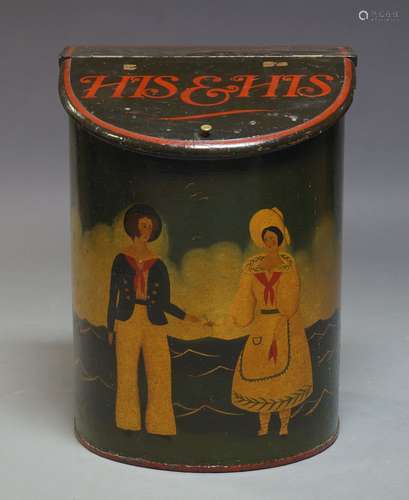 A polychrome painted log bin, 19th Century and later, the hinged lid, later painted with 'His and