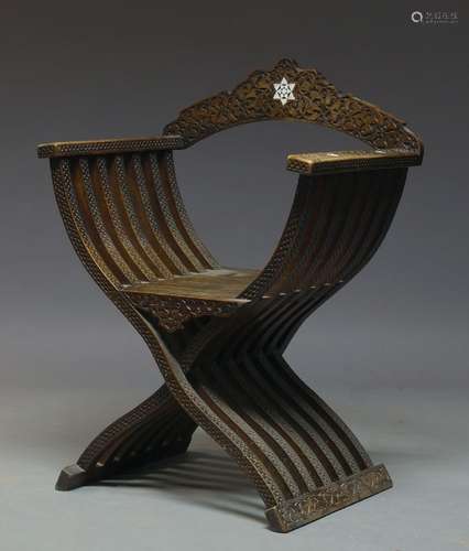 A hardwood and mother of pearl inlaid Savonarola chair, first half 20th Century, with overall floral