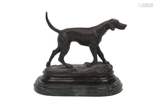 A bronze model of a hound, late 20th century, standing on a naturally modelled base, on a stepped