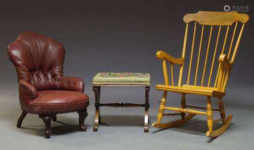 A Victorian leather button back nursing chair, together with an x-frame stool with needlework