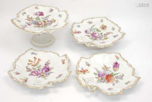 A pair of Dresden porcelain leaf shaped dishes, late 19th/early 20th century, decorated with
