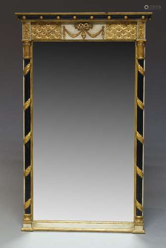 A Regency style grey painted and parcel gilt wall mirror, late 20th Century, the cornice with