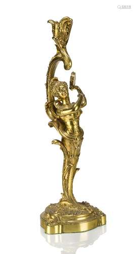 A Continental ormolu figural candlestick, 19th century, the stem in the form of a female caryatid