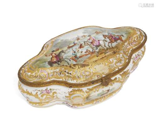 A Continental porcelain and gilt metal mounted shaped casket, 20th century, decorated with a scene