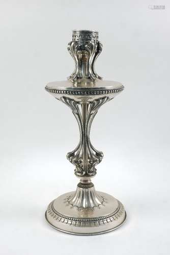 A silver plated metal lamp base, 20th century, the top with pierced collar and shell support,