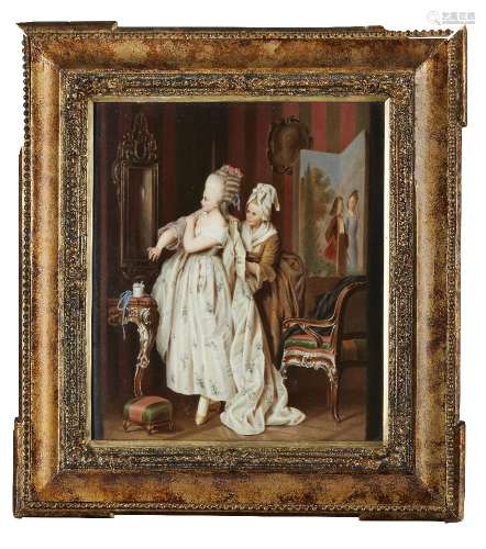 A Dresden porcelain still life painting of a lady at her toilet by L Sturm, 19th century,