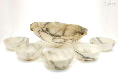 A white and grey veined alabaster ceiling light, late 19th/early 20th century, 40cm diameter,