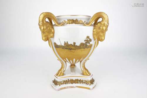 A Rosenthal porcelain urn, 20th century, moulded in the Neoclassical taste with three rams head