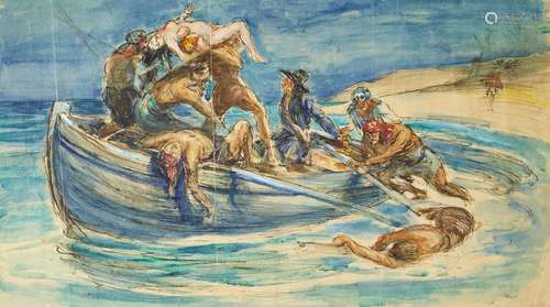 Anton Lock, British 1893-1970- Pirates capturing a woman; pen and black ink and watercolour,