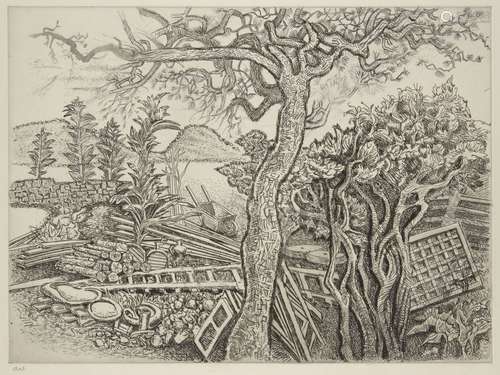 Nikos Hadjikyriakos-Ghika, Greek 1906-1994- Farm Scene; etching on wove, inscribed in pencil, an