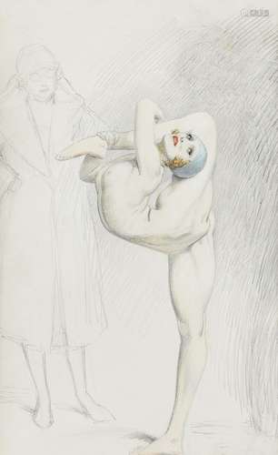 Attributed to Lewis Baumer RI, British 1870-1963- Female contortionist; pencil with touches of