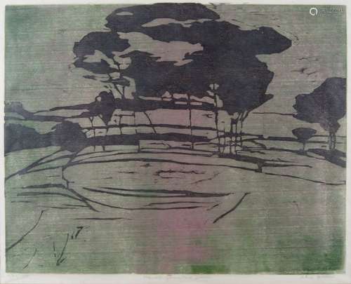 Alice Goldin, South African 1925-2016- Nairobi Game Park, Dawn, 1971; woodcut in colours on wove,