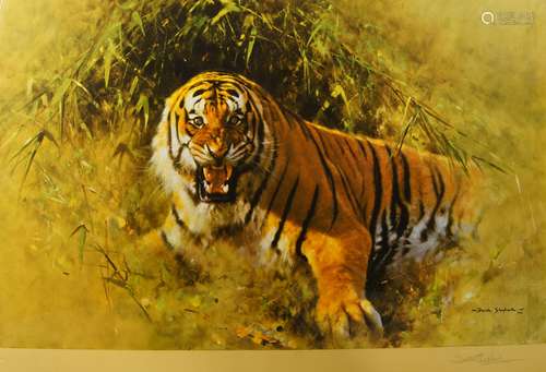 David Shepherd CBE OBE FRSA FGRA, British 1931-2017- Tiger Fire; digital print, signed on the mount,