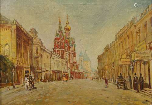 Russian School, mid-late 20th century- Street scene in Moscow; oil on canvas, signed with initials