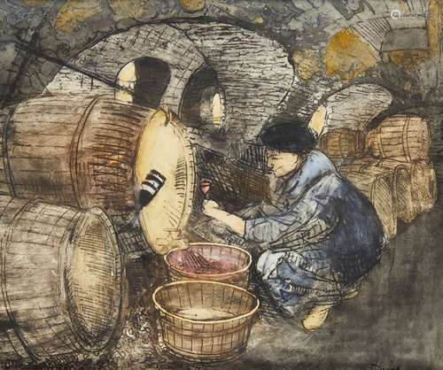 Denis Mathews, British 1913-1997- Wine is stored in another barrel, c. 1953; monotype finished in