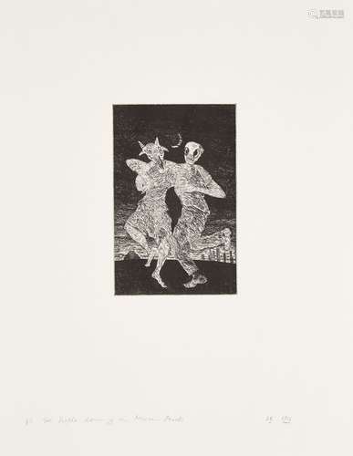 Derek Boshier, British b.1937- Two People Dancing in Mexican Masks, 1983; etching on Rives Chiffon