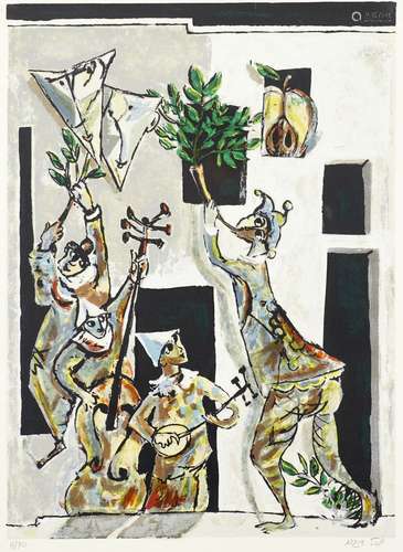 Israeli School, late 20th century- Three jesters; screenprint in colours, signed indistinctly and