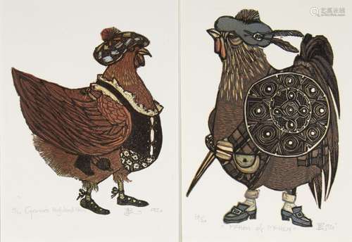 Barbara Robertson, British 1945-2018- Grannies Highland Hen & McHen of McHen, 1992; two linocuts