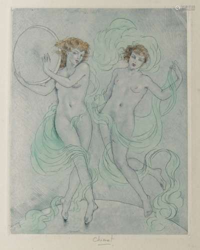 Edouard Jules Chimot, French 1880-1959- Two nymphs, c. 1925; etching with aquatint, signed within