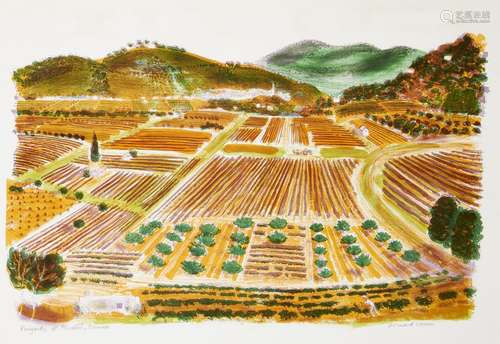 Bernard Cheese, British 1925-2013- Vineyards at Mirabel, Provence; lithograph in colours on wove,