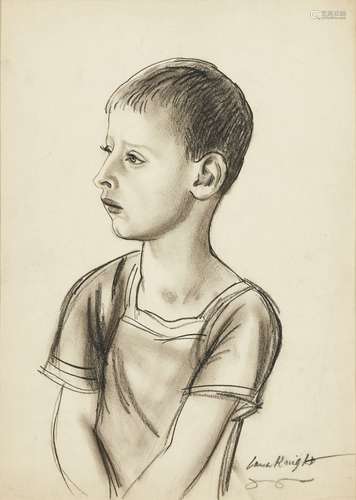 Dame Laura Knight DBE RA RWS, British 1877-1970- Portrait of a boy; charcoal, signed, 35.5x25cm (