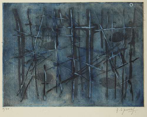 Jean Signovert, French 1919-1981- Untitled; etching with aquatint in colours on laid, signed and