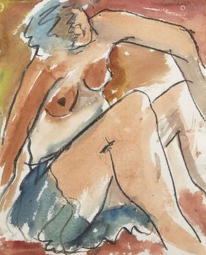 David Garland, British b.1941-Nude; watercolour with charcoal, signed and dated '87 in pencil,