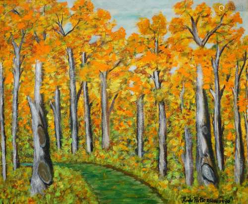 Rudi Patterson, Jamaican/British 1933-2013- Wooded pathway, 1990; oil on canvas board, signed and