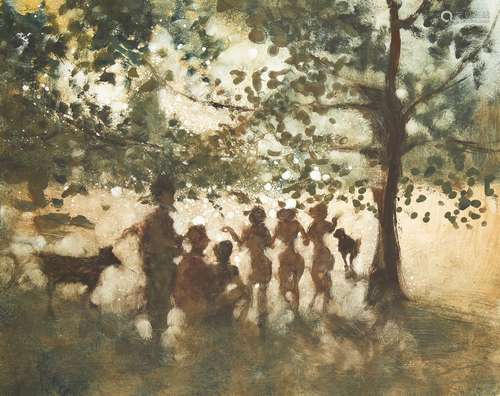 Bill Jacklin RA, British b. 1943- Three Dancers, Central Park I; monoprint, signed, titled and dated