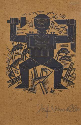 Joseph Winckler, German, late 19th/early 20th century- Machine Man; linocut on coloured buff, signed