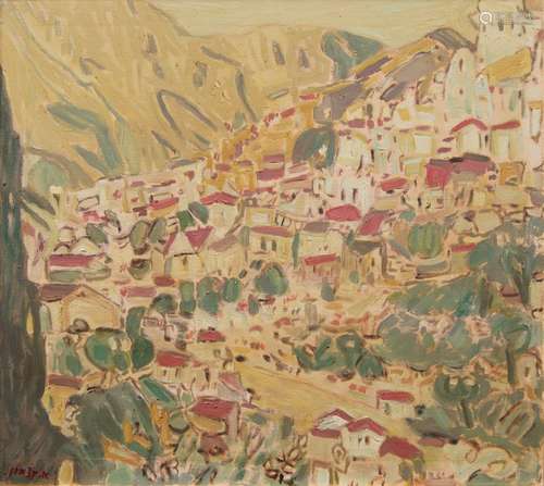 Avraham Azemon, Israeli 1916/18-2008- Jerusalem, urban hillside; oil on canvas, 73 x 81cmPlease