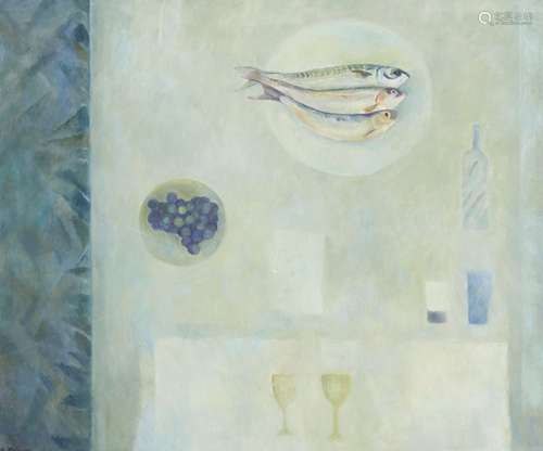 Susan Caines, British b.1935- Still life with fish, plate, bottle and glasses; oil on canvas,