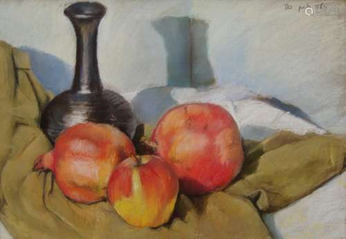 Avraham Azemon, Israeli 1916/18-2008- Still life with gas lamp; pastel on buff, signed and dated