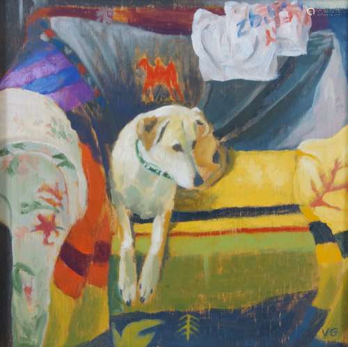 Vicki Golden, British b.1970- Interior scene with a dog; oil on panel, signed with initials, 30.