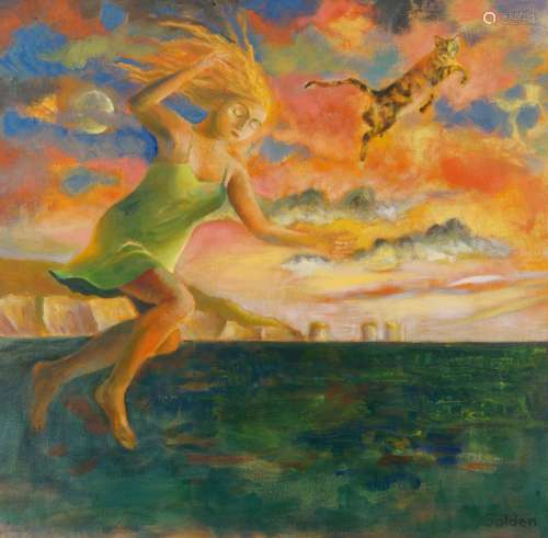 Vicki Golden, British b.1970- Dreamlike scene of a lady and cat above the sea; acrylic on canvas,