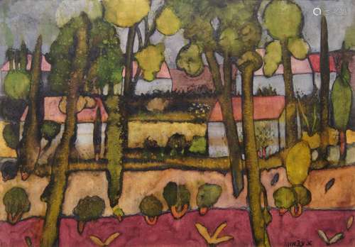 Avraham Azemon, Israeli 1916/18-2008- Houses in a wooded landscape; watercolour, signed, 47.5 x