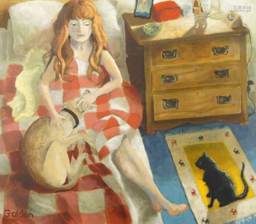 Vicki Golden, British b.1970- Lady in her bedroom with cat and dog, acrylic on canvas, signed,