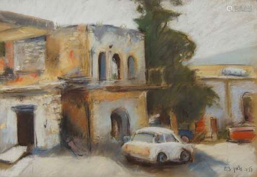 Avraham Azemon, Israeli 1916/18-2008- Street scene; pastel, signed and dated 1953, 33.5 x 48.5cm: