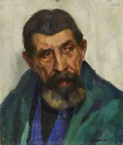 W Ackers, British, mid 20th century- Portrait of man in a green jacket, head and shoulders; oil on