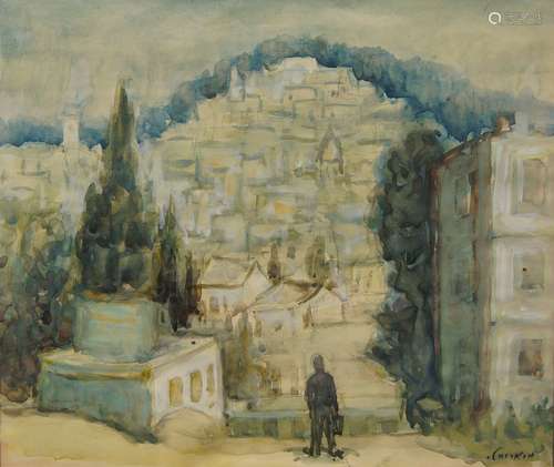 Avraham Azemon, Israeli 1916/18-2008- Figure looking across a hilltop of house; watercolour over