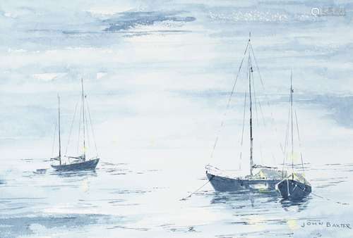 John Baxter, British, mid-late 20th century- Moored yachts at dusk; watercolour, signed, 24x35cm (