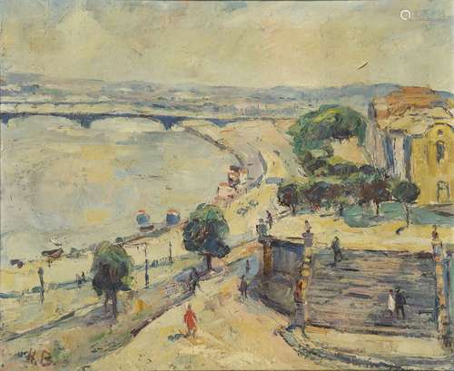 European Impressionist School, early 20th century- Cityscape with figures along a quayside and river