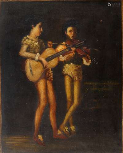 European School, late 20th century- Two musicians; oil on canvas, signed indistinctly, 56x45cmPlease