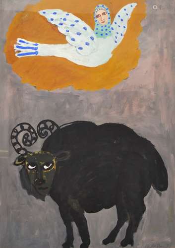 Peter Griffin, British b.1947- Bird and Ram; gouache, signed and dated 87, 83x59cm (ARR)Please refer