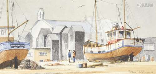 Peter Hillard, British, mid-late 20th century- Hastings Net Sheds; watercolour, signed, 11.