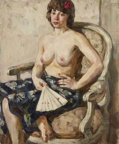 Boris Lavrenko, Russian 1920-2001- Nu à l'éventail, 1984; oil on canvas, signed and dated '84' lower