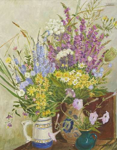 L I Grigoryeva, Russian, late 20th century- Meadow Flowers & Petunias; oil on canvas, signed,