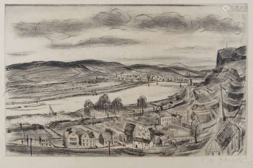 T M Fauser, German, mid 20th Century- Views of bridges and landscapes on the Rhine; etchings,